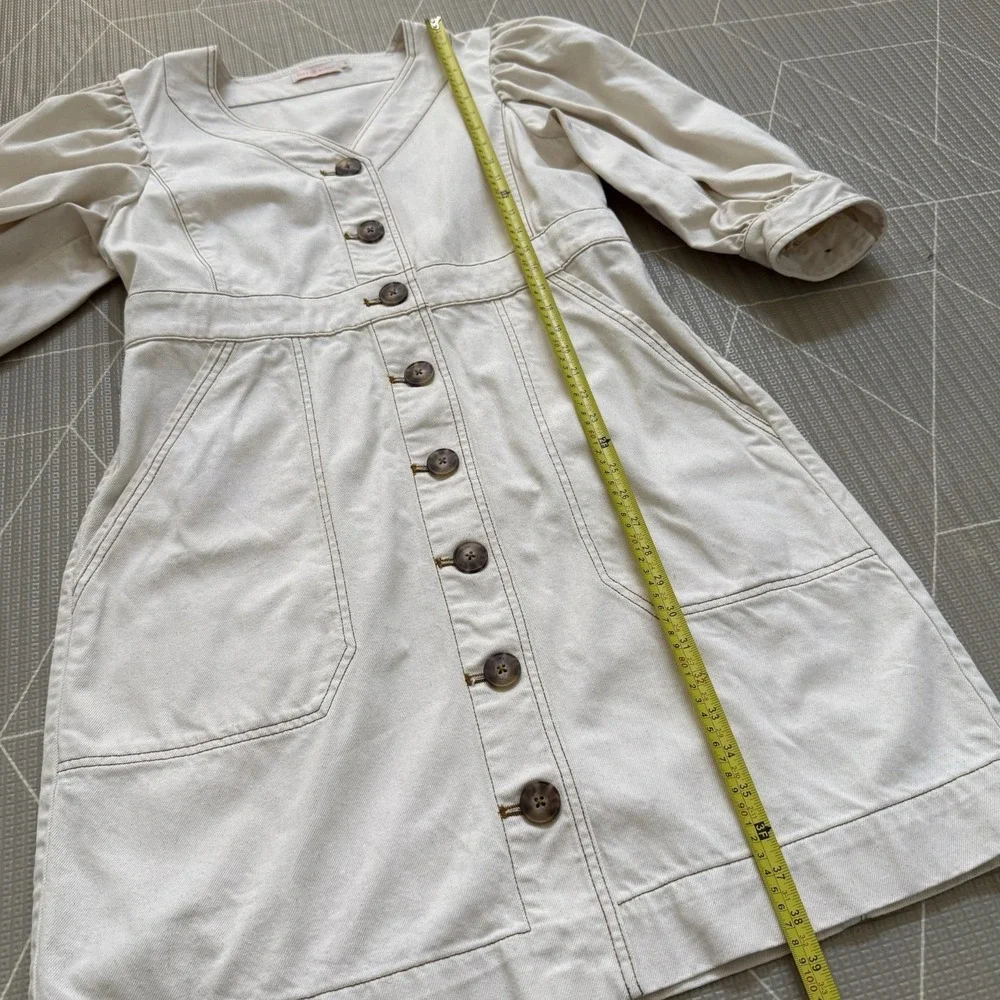 Tory Burch Cotton Puffed Sleeve Denim Dress 14 Beige Shirt Dress Casual Career